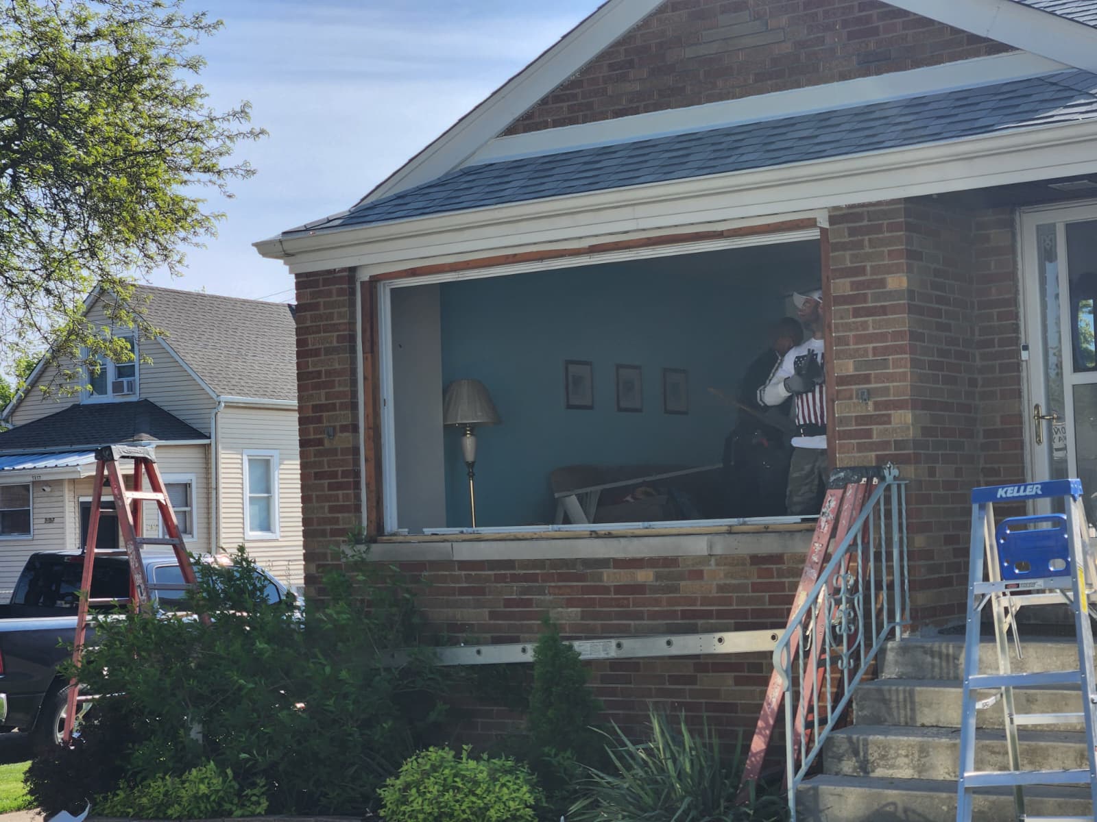 Old picture window removed exposing rough opening on Chicago bungalow